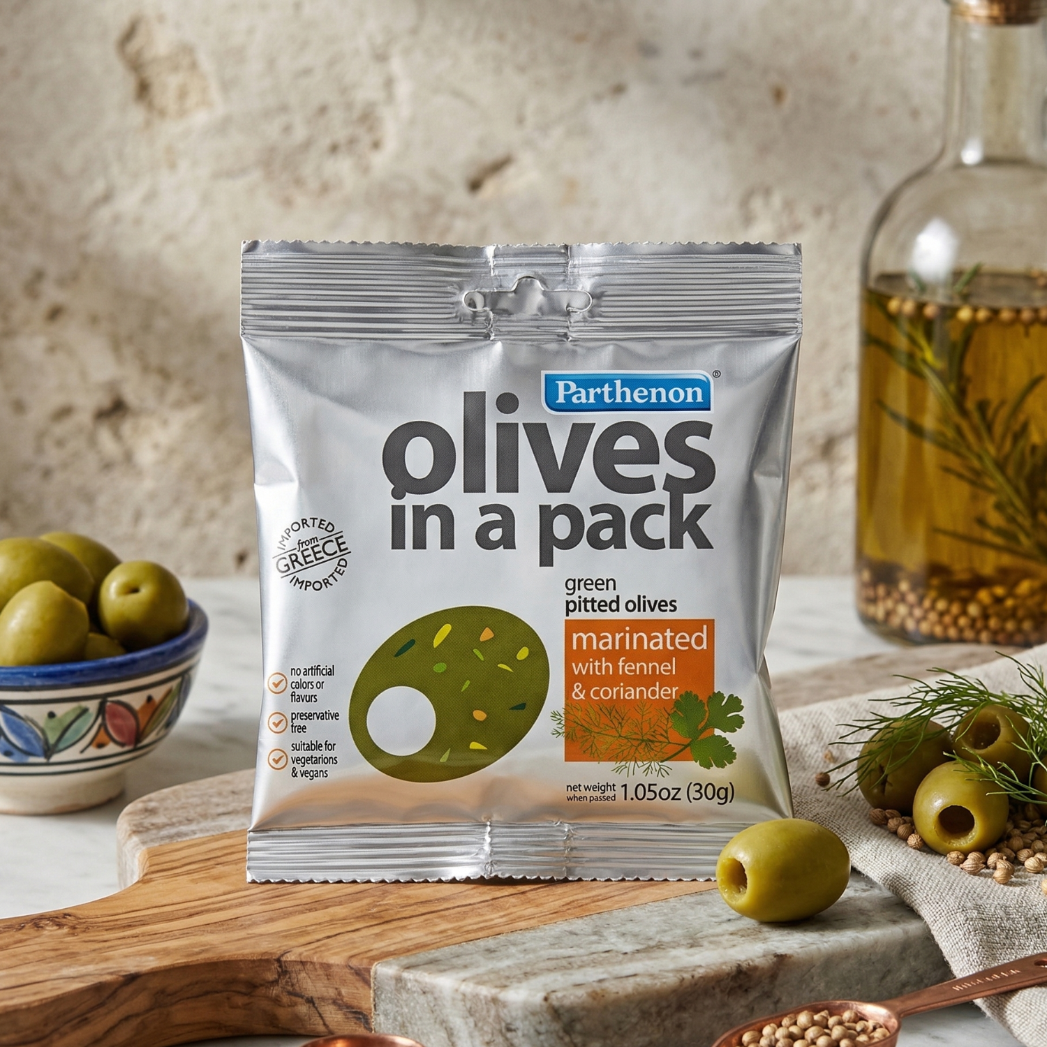 Parthenon Green Pitted Olives – Marinated with Fennel & Coriander