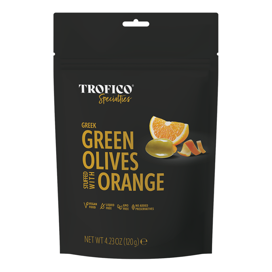 Trofico Greek Green Olives Stuffed with Orange – 120g Doypack