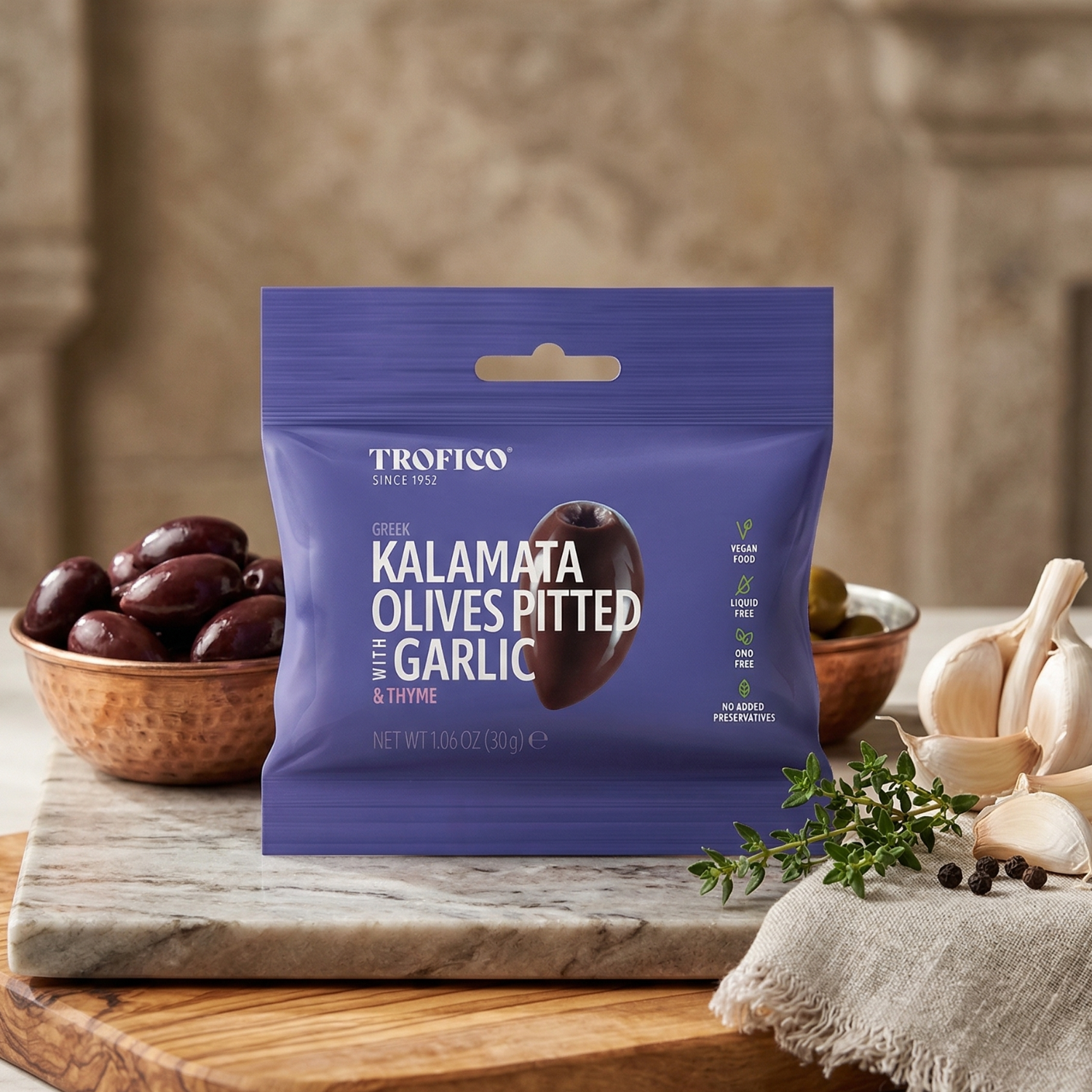 Trofico Kalamata Olives – Pitted with Garlic & Thyme