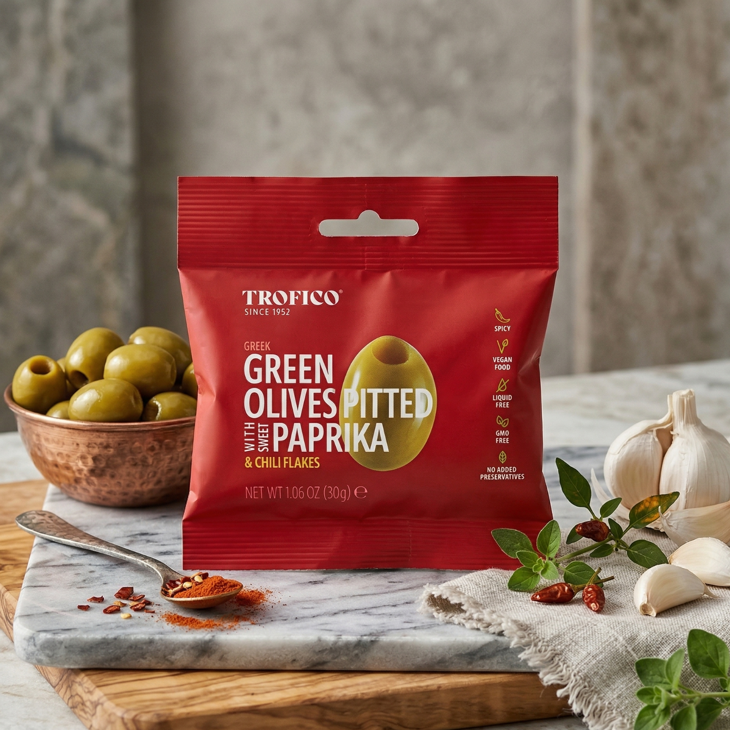 Trofico Green Olives – Pitted with Paprika & Chili Flakes
