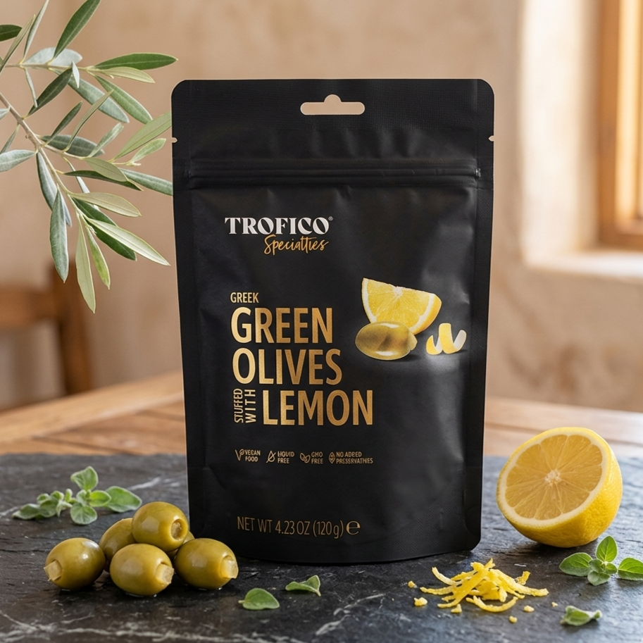 Trofico Greek Green Olives Stuffed with Lemon – 120g