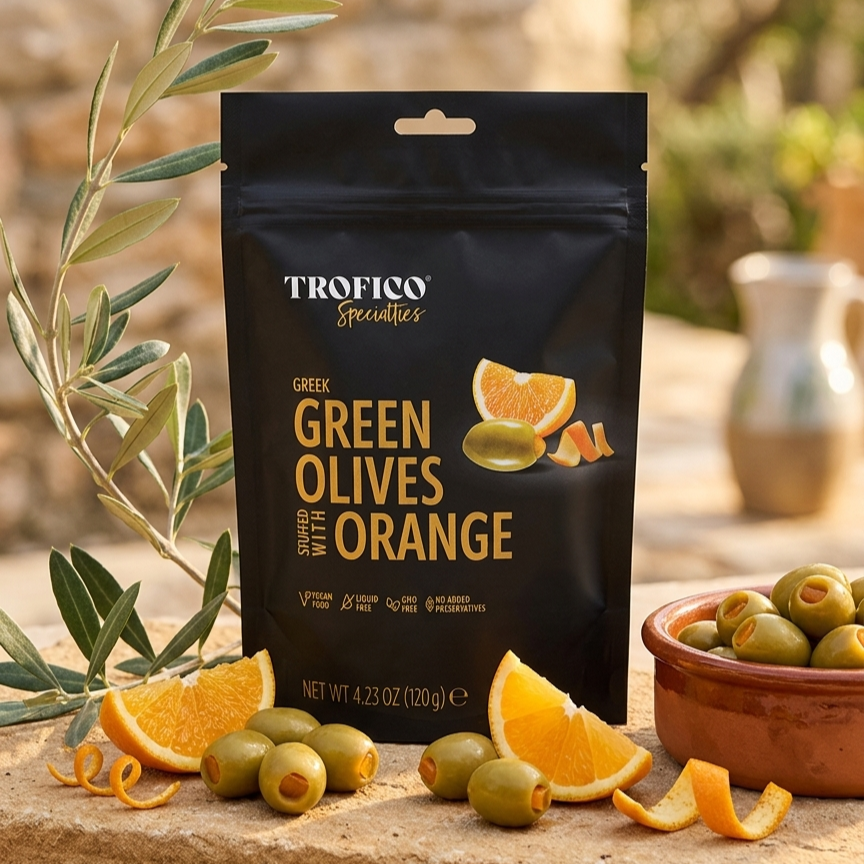 Trofico Greek Green Olives Stuffed with Orange – 120g Doypack
